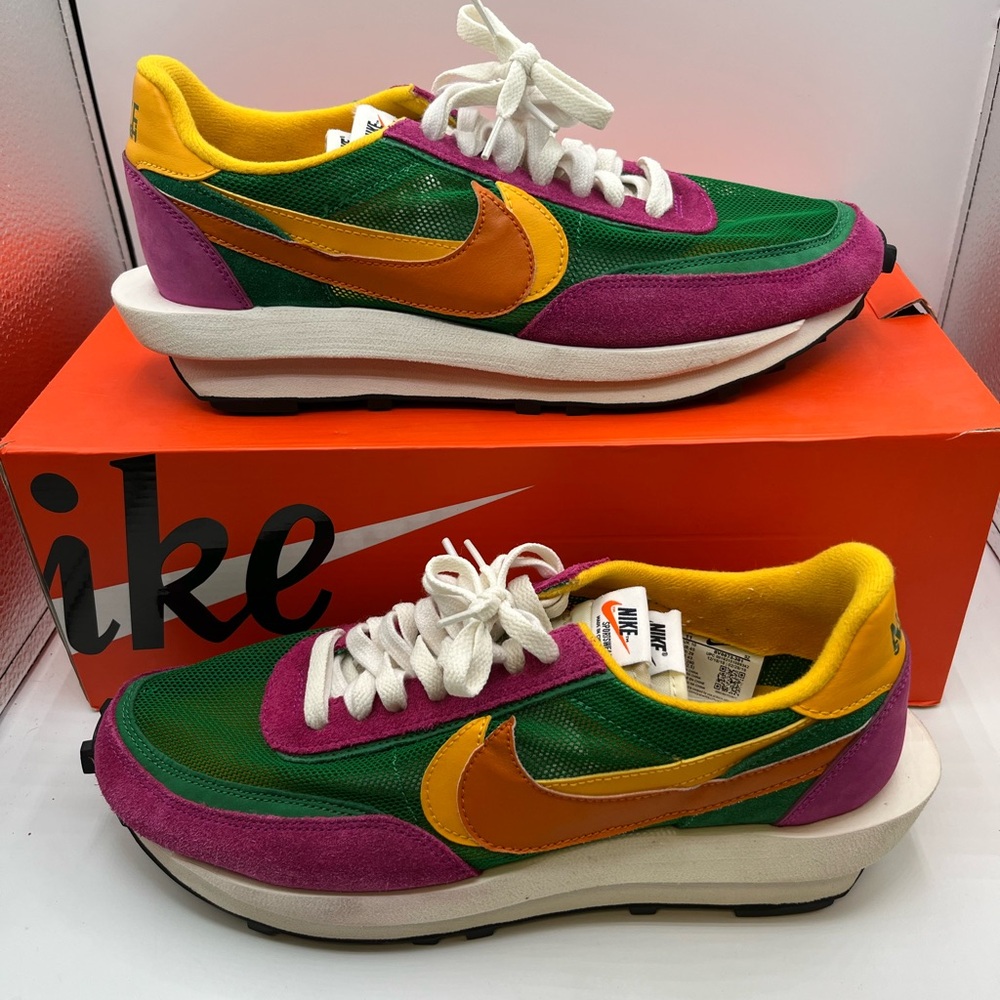 Nike sacai Green and Purple Sneakers with Orange Swoosh